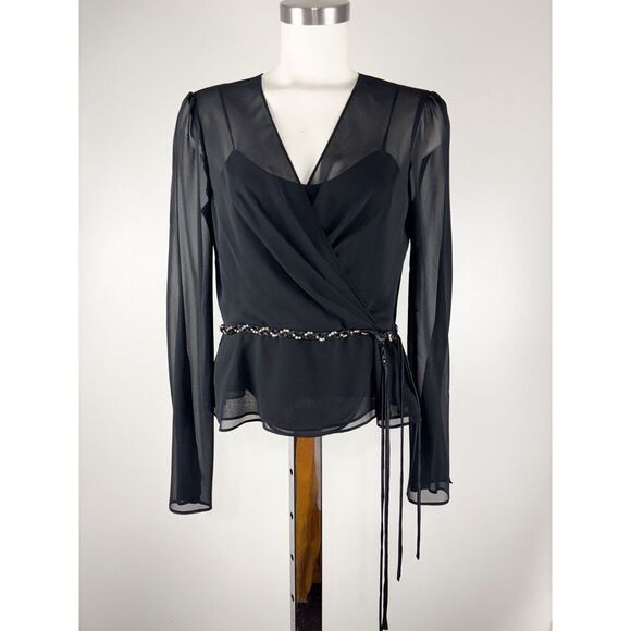 Vtg Liz Claiborne Chiffon Belted Long Sleeve Top Dark Academia Gothcore Sz 8 Y2K - Picture 1 of 6